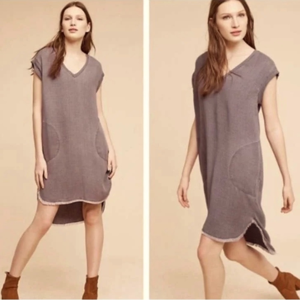 Cloth & Stone @Anthropologie Gray V-Neck Raw Hem Shirt Dress Small  EUC